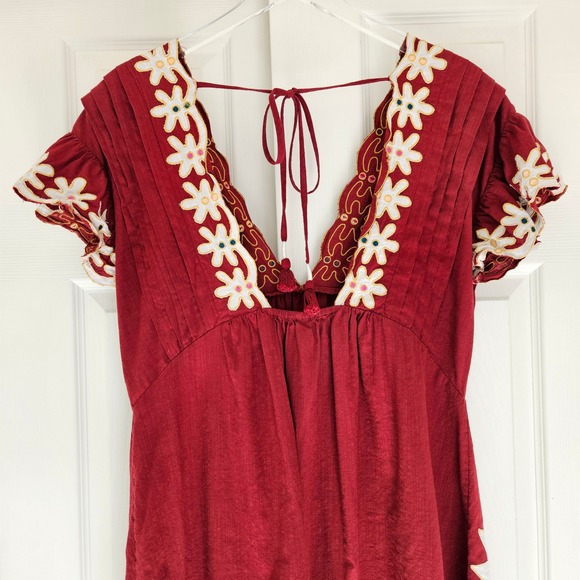 By Anthropologie Pintuck Embroidered Mini Dress Red Size‎ S - Picture 6 of 11